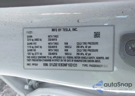 2022 Tesla Model 3 Long Range Dual Motor All-Wheel Drive from USA, damaged, VIN 5YJ3E1EB3NF103131